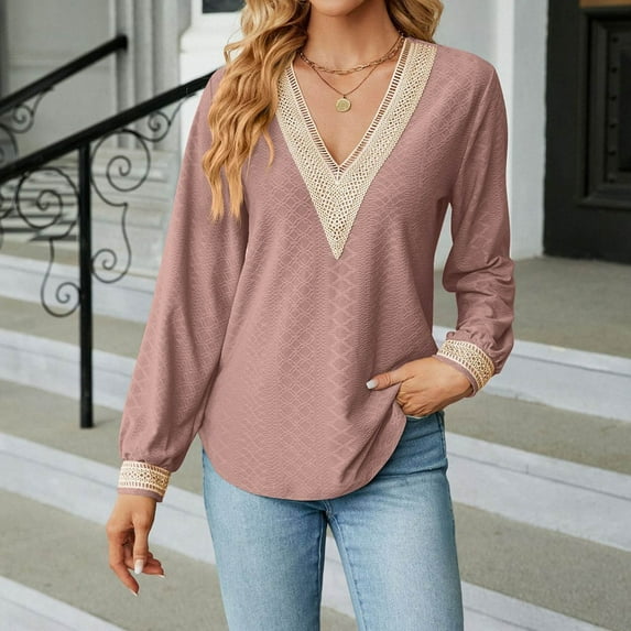Women's Lace V Neck Shirts Long Sleeve Dressy Crochet Tshirt Tops Classic Casual Pullover Blouses Solid Hollow Tunics Short Sleeve Athletic Shirt Women Long Sleeve Woman Shirts Plain Loose T Shirts
