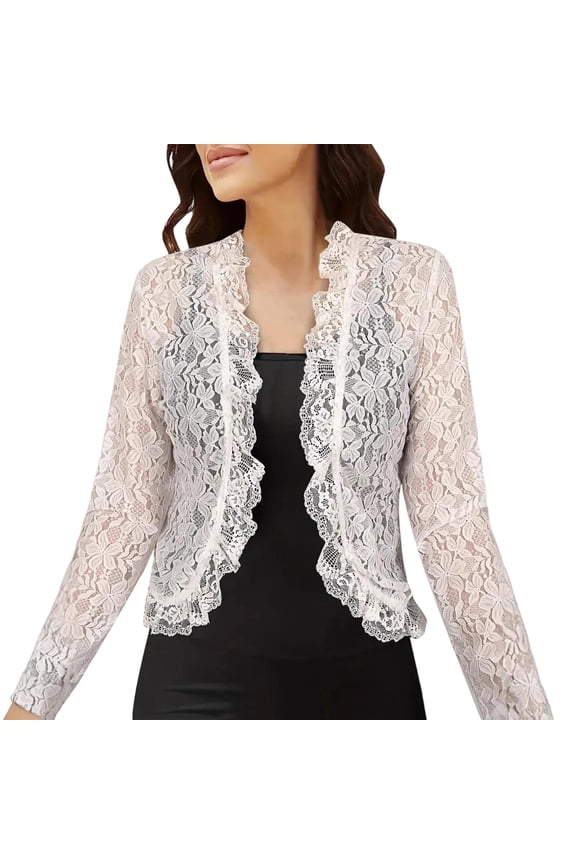 Women's Lace Work Cropped Blazer Jacket Fall Open Front Long Sleeve Fitted Bolero Jackets Cardigan for Dress