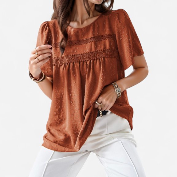 Women's Lace Yoke Short Sleeve Blouse with Pleated Front - Small, Brown