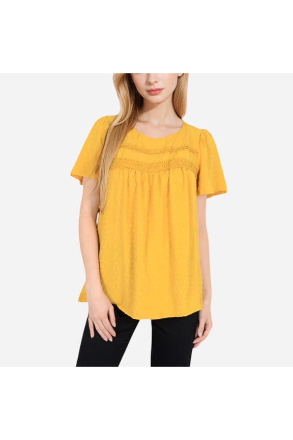 Women's Lace Yoke Short Sleeve Blouse with Pleated Front - Small, Yellow