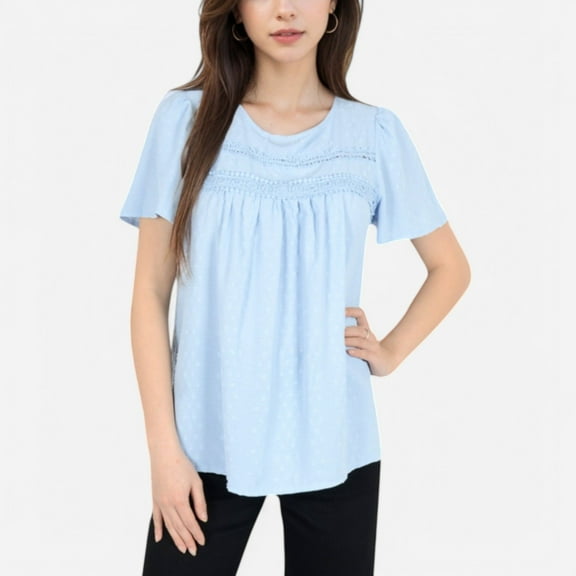 Women's Lace Yoke Short Sleeve Blouse with Pleated Front - X Large, Blue