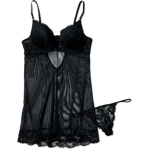 Women's Lace and Tulle Underwire Chemise and Thong Set 