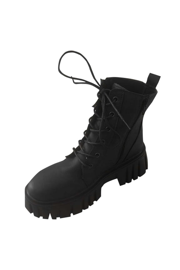 Women's Lace-up Chunky Lug Sole Platform Low Heel Combat Ankle Boots with Side Zipper Women's Combat Ankle Boots, Lace-up Platform Chunky Heel Booties with Side Zipper