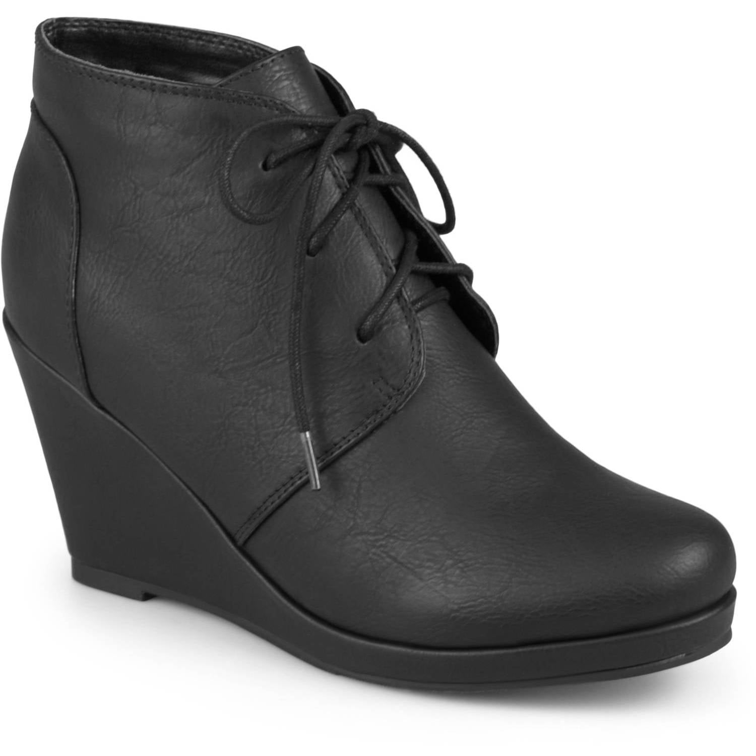 Women's Laceup Faux Leather Vegan Round Toe Wedge Booties
