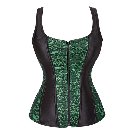 Women's Lace up Gothic Jacquard Shoulder Straps Tank Overbust Bodyshaper Corset Bustiers Top, Green Size L