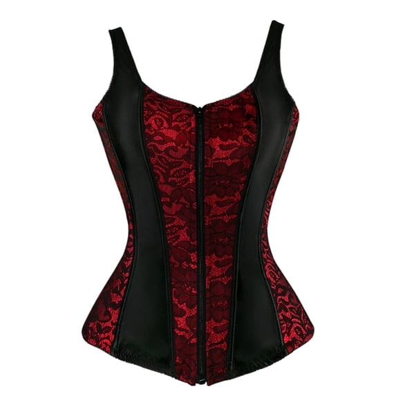 Women's Lace up Gothic Jacquard Shoulder Straps Tank Overbust Bodyshaper Corset Bustiers Top, Red Size XXXXXL