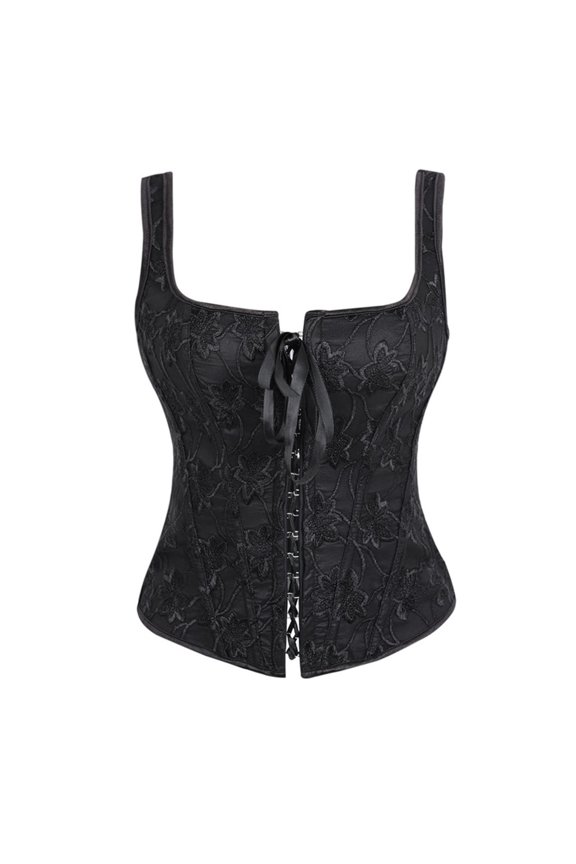 Women's Lace up Gothic Jacquard Shoulder Straps Tank Overbust Shapewear Corset Bustiers Top, Black Size L