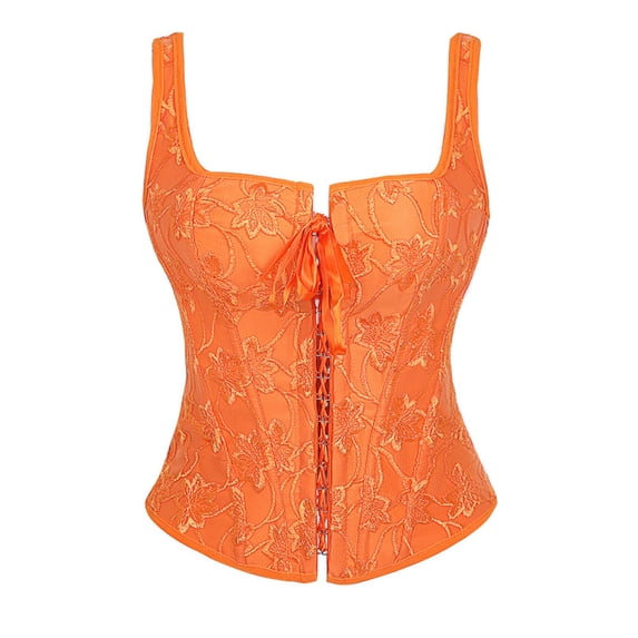 Women's Lace up Gothic Jacquard Shoulder Straps Tank Overbust Shapewear Corset Bustiers Top, Orange Size L