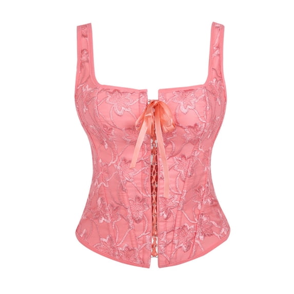 Women's Lace up Gothic Jacquard Shoulder Straps Tank Overbust Shapewear Corset Bustiers Top, Pink Size XL