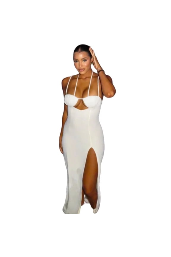 Women's Lace-up Halter Hollow-out Split Irregular Sleeveless Dress, Backless, Solid Color