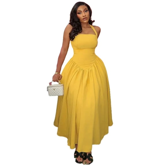 Women's Lace-up Halter Strapless Slash Neck Sleeveless Backless Pleated Waistband A-Line Long Dress, Solid Color