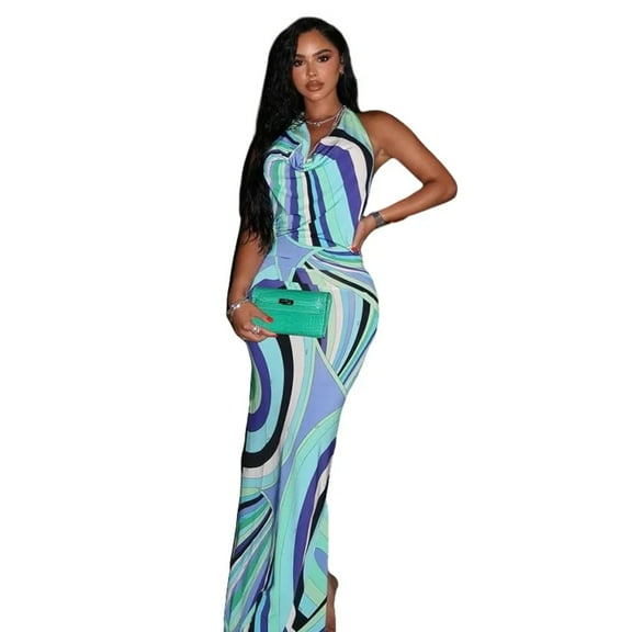 Women's Lace-up Halter Swinging Collar Sleeveless Backless Long Dress Sexy