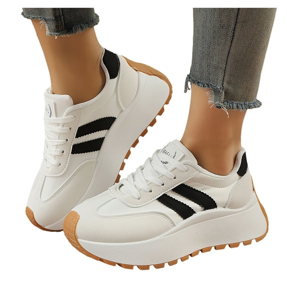 Women's Lace up Platform Sneakers 2026 Trendy Splice Suede Color Block Casual Walking Shoes Lightweight Non Slip Tennis Shoes White Size 8.5