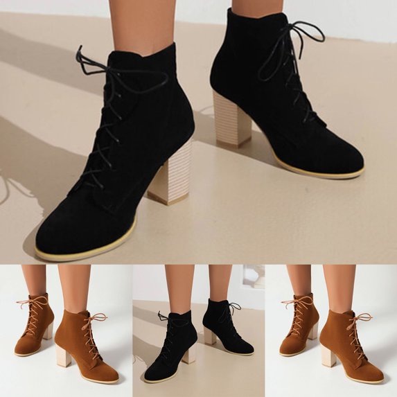 Women's Lace up Stacked High heel Short Booties Classic Suede Fall Dressy Ankle Boots Work Business Daily Footwear