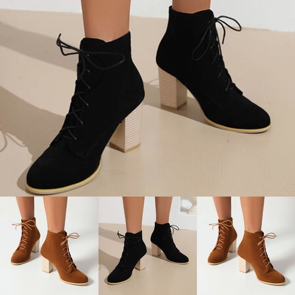 Women's Lace up Stacked High heel Short Booties Classic Suede Fall Dressy Ankle Boots Work Business Daily Footwear