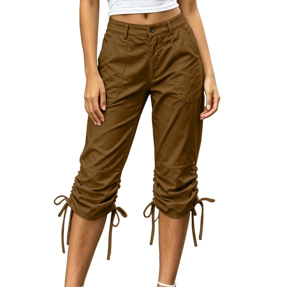 Women's Laceup Hem Cargo Capris Straight Leg Lightweight Summer Loose Streetwear Hiking Pants with Pockets