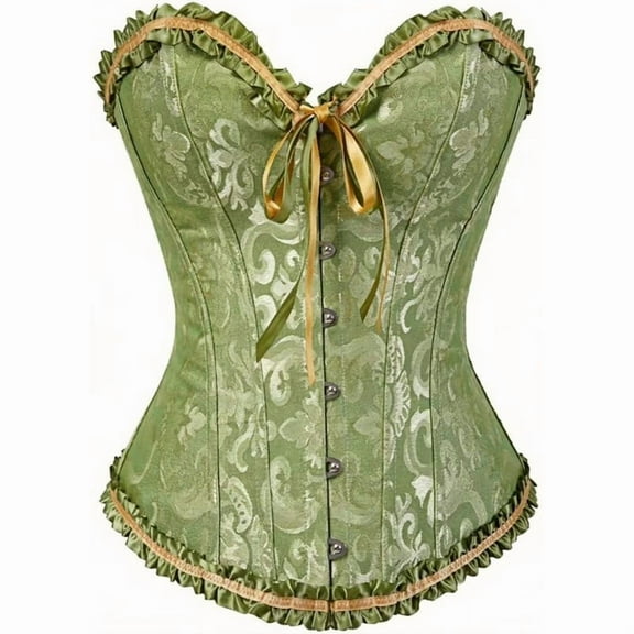 Women's Lacing Corset Top, Satin Floral Boned Bustier Body Shaper Push Up Shapewear, Olive-Green M
