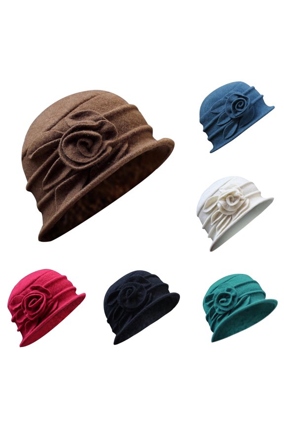Women's Ladies Elegant Wool Flower Hat Winter Cloche Bucket Cap Womens Baseball Caps Cute One Size