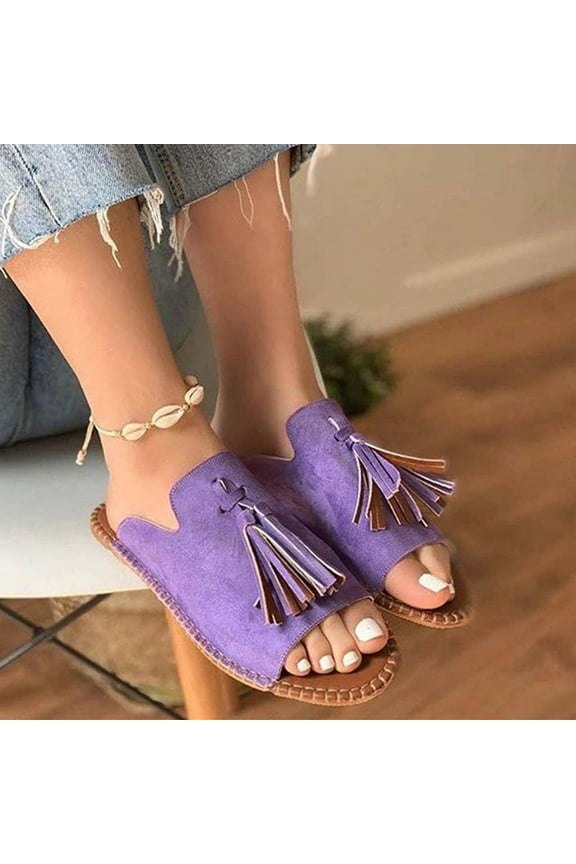 Women's Ladies Fashion Casual Flat Fringe Shoes Slippers Peep Toe Sandals