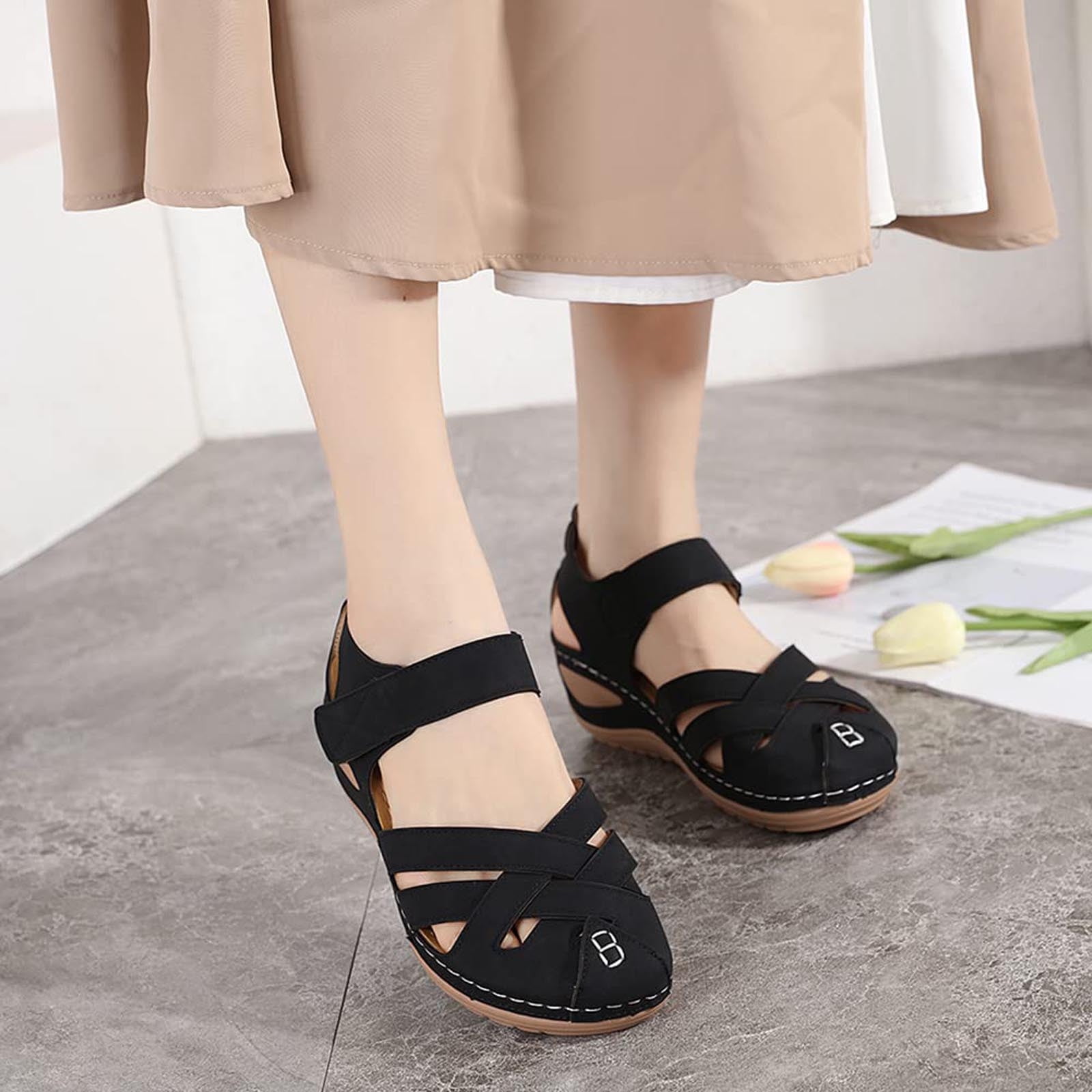 Women Shoes Fashion Summer Women Sandals Flat Thick Bottom Open Toe Hook  Loop Solid Color Casual Black 7.5 - Walmart.com