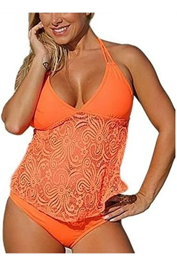 Women's&Lady's Two Piece Lace Mesh Swimwear Halter Modest Tankini Swimsuits Top&Bottom Tankini Set Orange X-Large