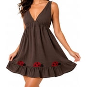 Women s Ladybug Embroidered Mini Dress, Sleeveless V Neck Ruffle Hem Summer Dress