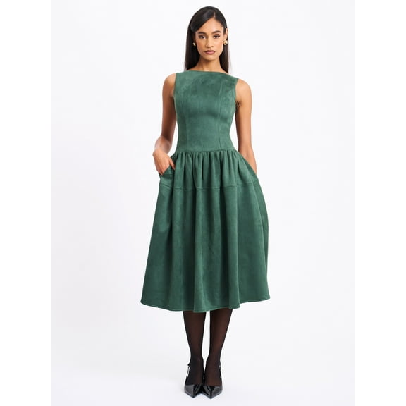 Women's Laila Green Suede Boat Neck Backless Midi Dress