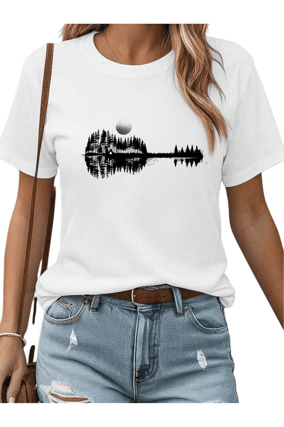 Women's Lake Forest Graphic Cotton T Shirt Casual Comfortable Short Sleeve Round Neck Top White S-5XL