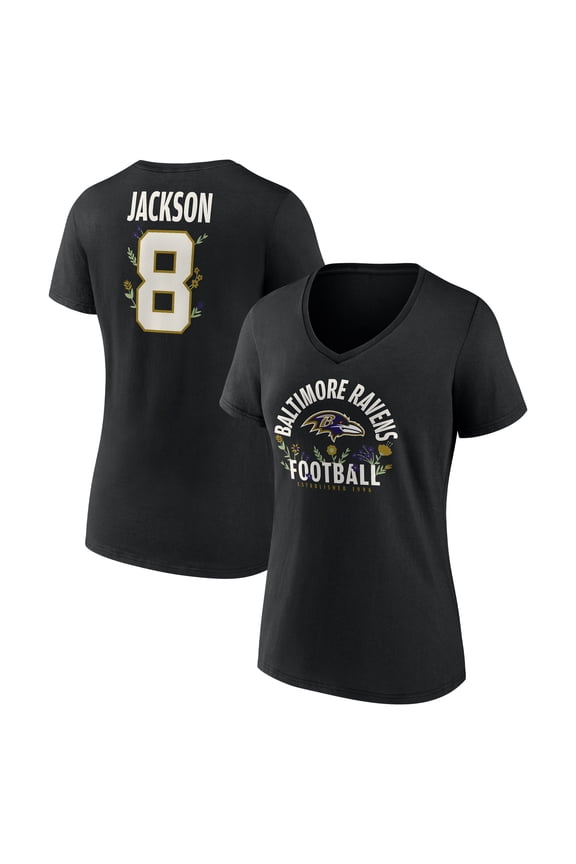 Women's Lamar Jackson Black Baltimore Ravens Floral Name & Number V-Neck T-Shirt