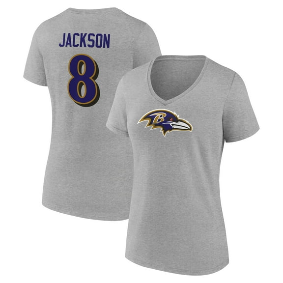 Women's Lamar Jackson Gray Baltimore Ravens Icon Player Name & Number V-Neck T-Shirt