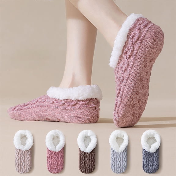 Women's Lamb Fleece Floor Socks Plush Lined Thickened Warm with Anti Slip Dots for Home