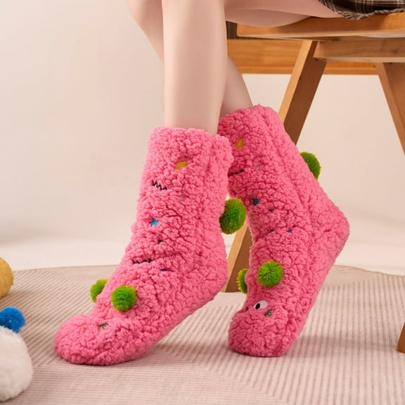 Women's Lamb Fleece Mid-Calf Socks, Extra Thick Plush Thermal Socks for Autumn and Winter, Non-Slip Cozy House Socks, Super Warm Sleep Socks for Indoor Comfort - Pink