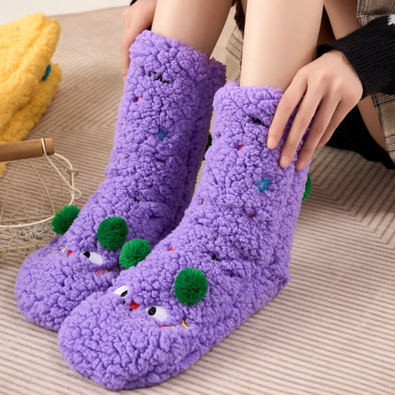 Women's Lamb Fleece Mid-Calf Socks, Extra Thick Plush Thermal Socks for Autumn and Winter, Non-Slip Cozy House Socks, Super Warm Sleep Socks for Indoor Comfort - Purple