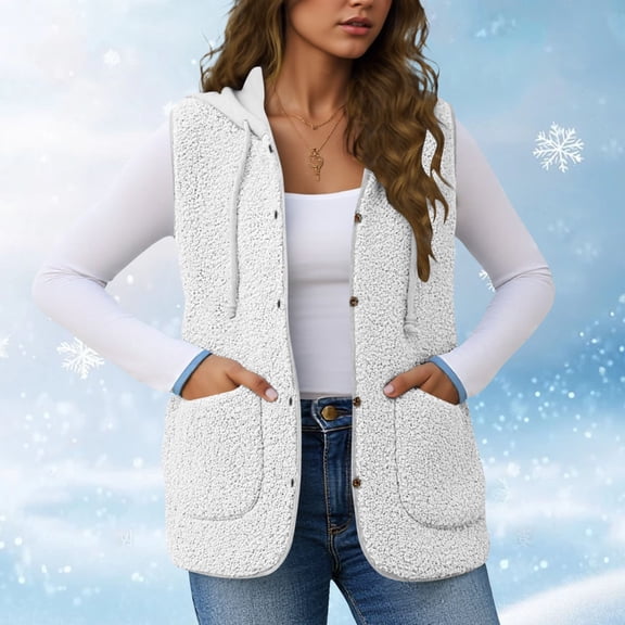 Women's Lamb Fleece Vest, Hooded Winter Waistcoat, Soft Plush Sleeveless Jacket, Versatile Layering Piece, Cozy Seasonal Transition Vest, Casual Outerwear Top White L