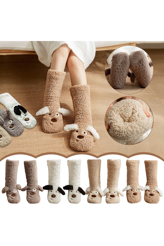 Women's Lamb Wool Warm Floor Socks - Cute Cozy Home Socks for Cold Weather, Soft Thick Plush Material, Non-Slip Bottom, Perfect for Lounging Sleeping, Comfortable Daily Wear, Khaki