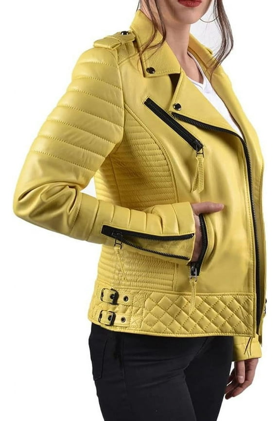 Women's Lambskin Real Leather Quilted Yellow Jacket Biker Motorcycle Slim Fit Coat W174
