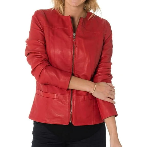 Women's Lambskin Real Leather Stylish Jacket Biker Red Basic Stylish Slim Fit Coat W140