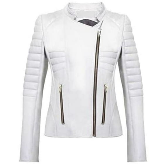 Women's Lambskin White Leather Jacket - Asymmetric Biker Padded Leather Jacket SouthBeachLeather 2X-Large