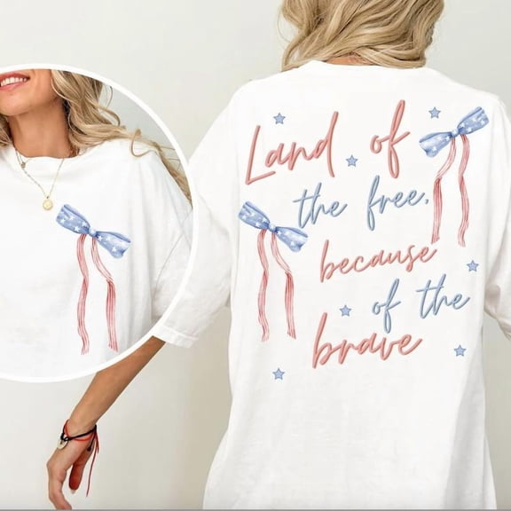 Women's "Land of the free, because of the brave" Patriotic Graphic Tees featuring Bow Print T - shirts Comfortable Short Sleeve Tops Great For National Casual Wear
