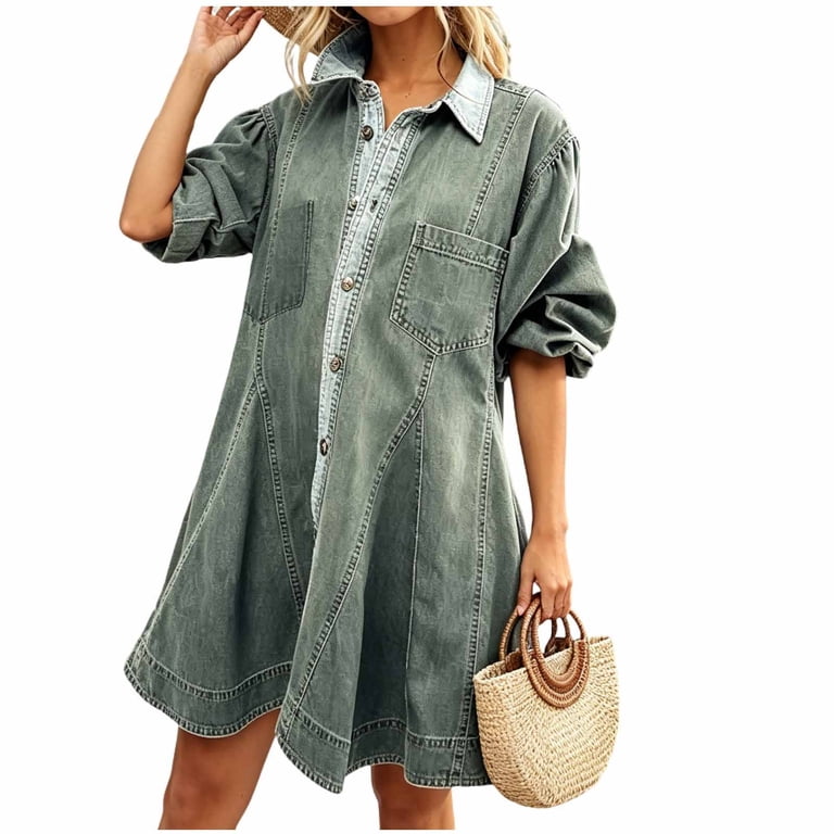Women's Lantern Long Sleeve Denim Shirt Dress Button Down Collared Loose A Line Mini Dress Y2K Casual Tunic Dress for Streetwear Gray