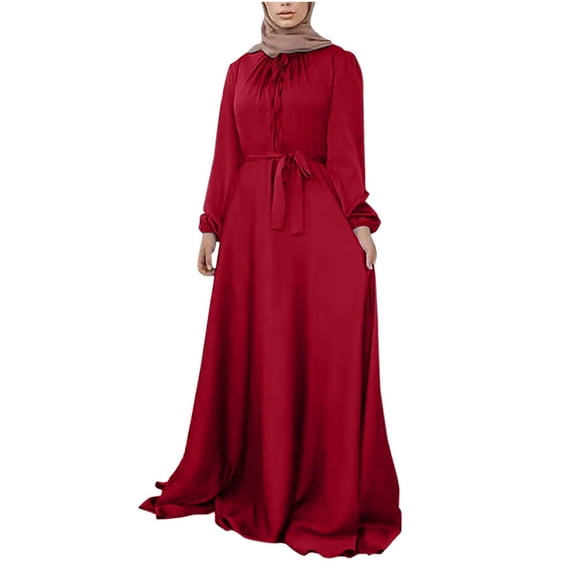Women's Lantern Long Sleeve Maxi Dress Casual Solid Color Crew Neck Bow Tie Long Dress with Belt Simple Comfy Dress