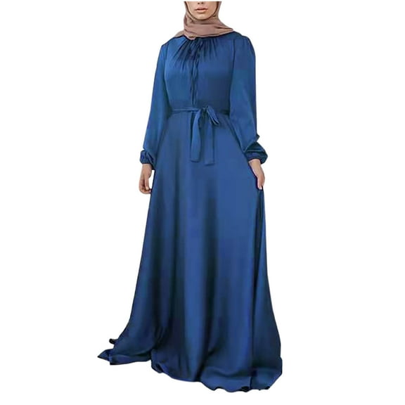 Women's Lantern Long Sleeve Maxi Dress Casual Solid Color Crew Neck Bow Tie Long Dress with Belt Simple Comfy Dress