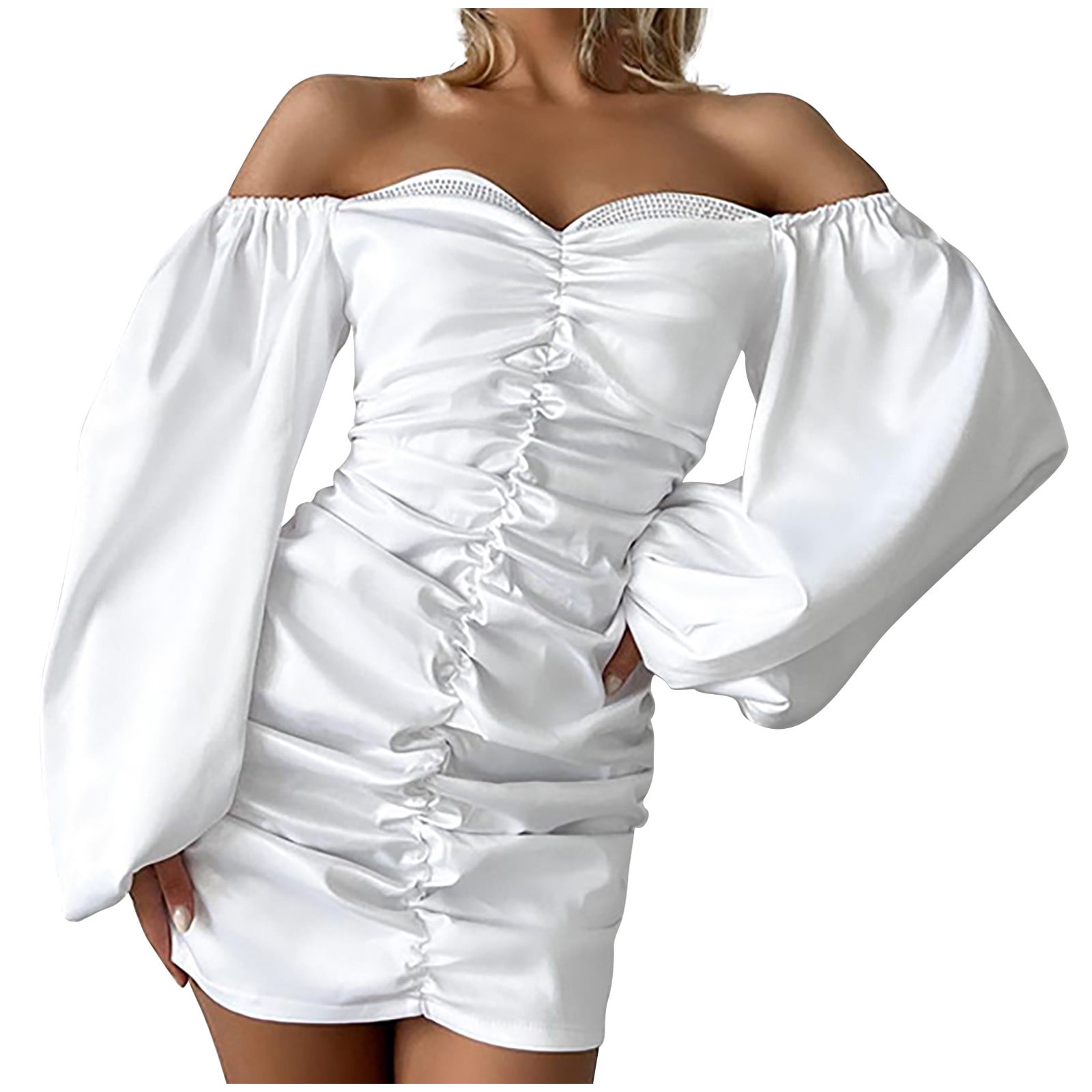 h&m white off-the-shoulder ruched long sleeve mini dress Off-Shoulder Ruched Mini Dress  Elegant & Flattering