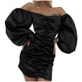thumbnail image 1 of Women's Lantern Long Sleeve Tight Dress Ruched Off the Shoulder Elegant Mini Dresses Club Cocktail Dress, 1 of 7