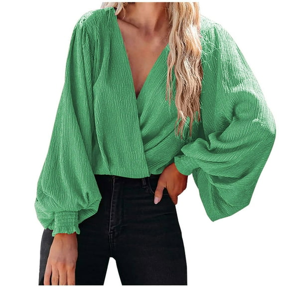 Women's Lantern Long Sleeve Wrap Blouse Casual V Neck Fall Loose Elegant Linen Office Work Shirts Tops