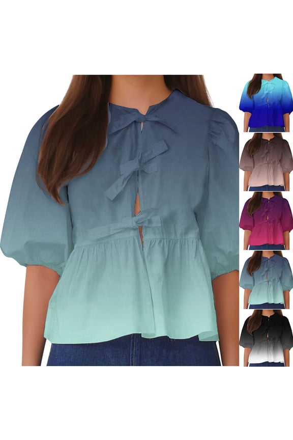 Women's Lantern Sleeve Tie Pleated Short Round Neck T-Shirt Blouse Top Loose Fit Casual Fashion Summer | CSEONE,Army Green L