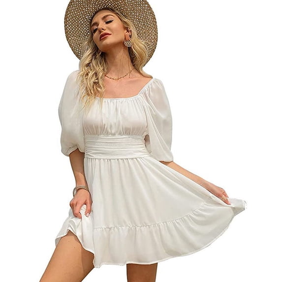 Women's Lantern sleeve Lace-Up Sexy Backless Ruffle Dress Square Collar Off Shoulder