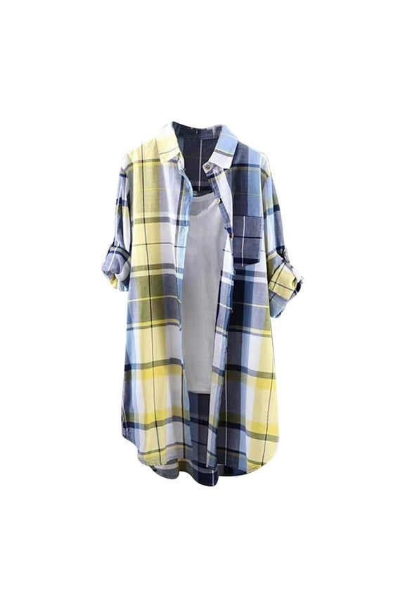 Women's Lapel Button Down Tops Long Plaid Shirt Cotton Linen Tunic Blouse Long Shacket Coat High Low hem