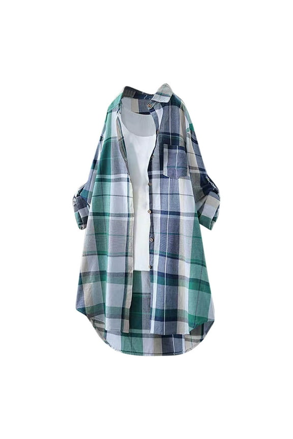 Women's Lapel Button Down Tops Long Plaid Shirt Cotton Linen Tunic Blouse Long Shacket Coat High Low hem