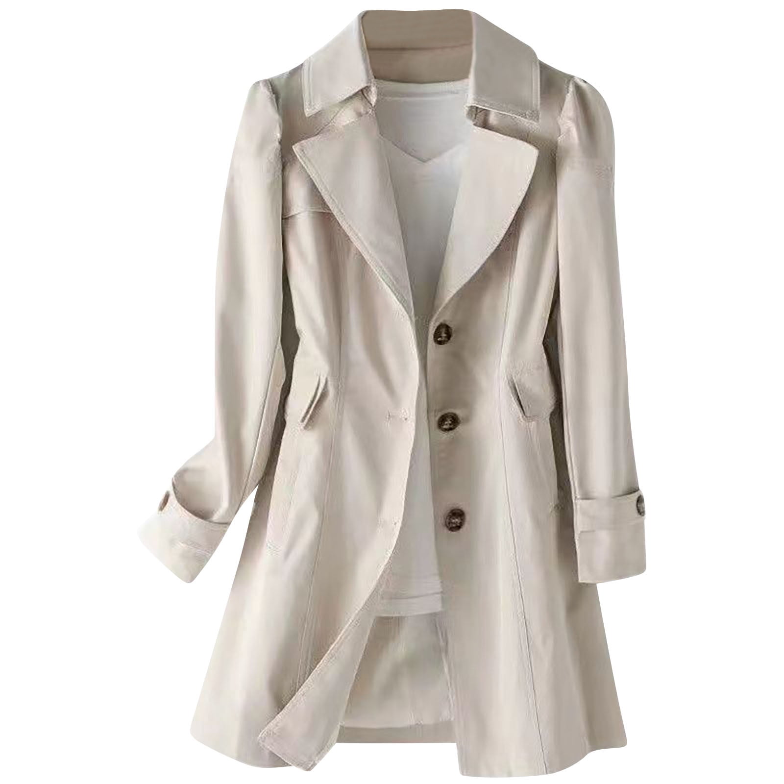 Women's Lapel Button Down Trench Coat Casual Long Sleeve Pockets Jackets Coat Classic Belted Overcoat